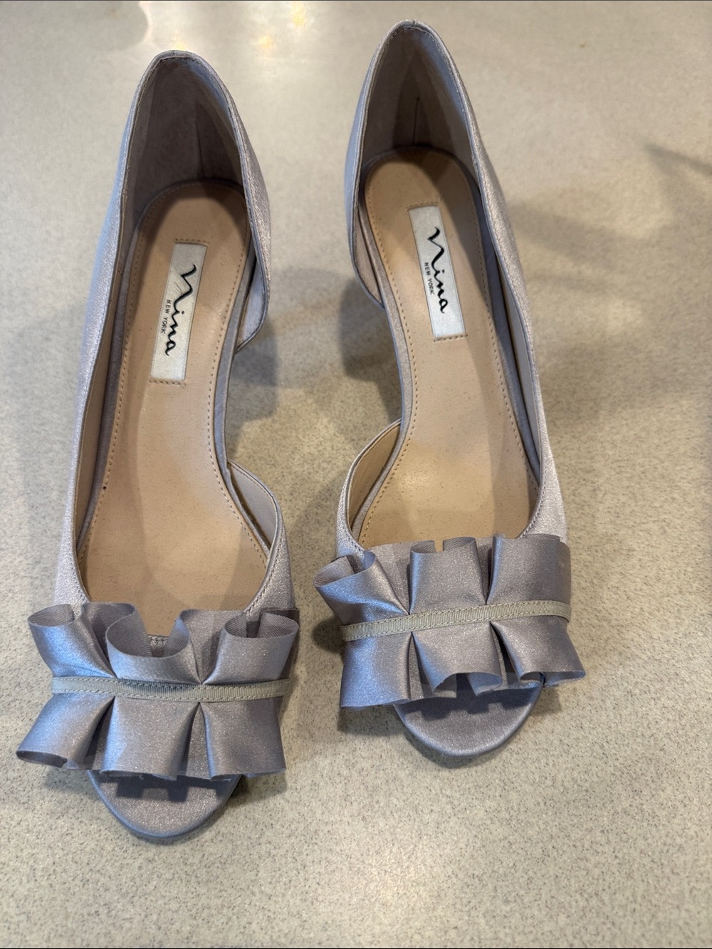 Nina Silver Satin Peep-Toe Ruffle Heels